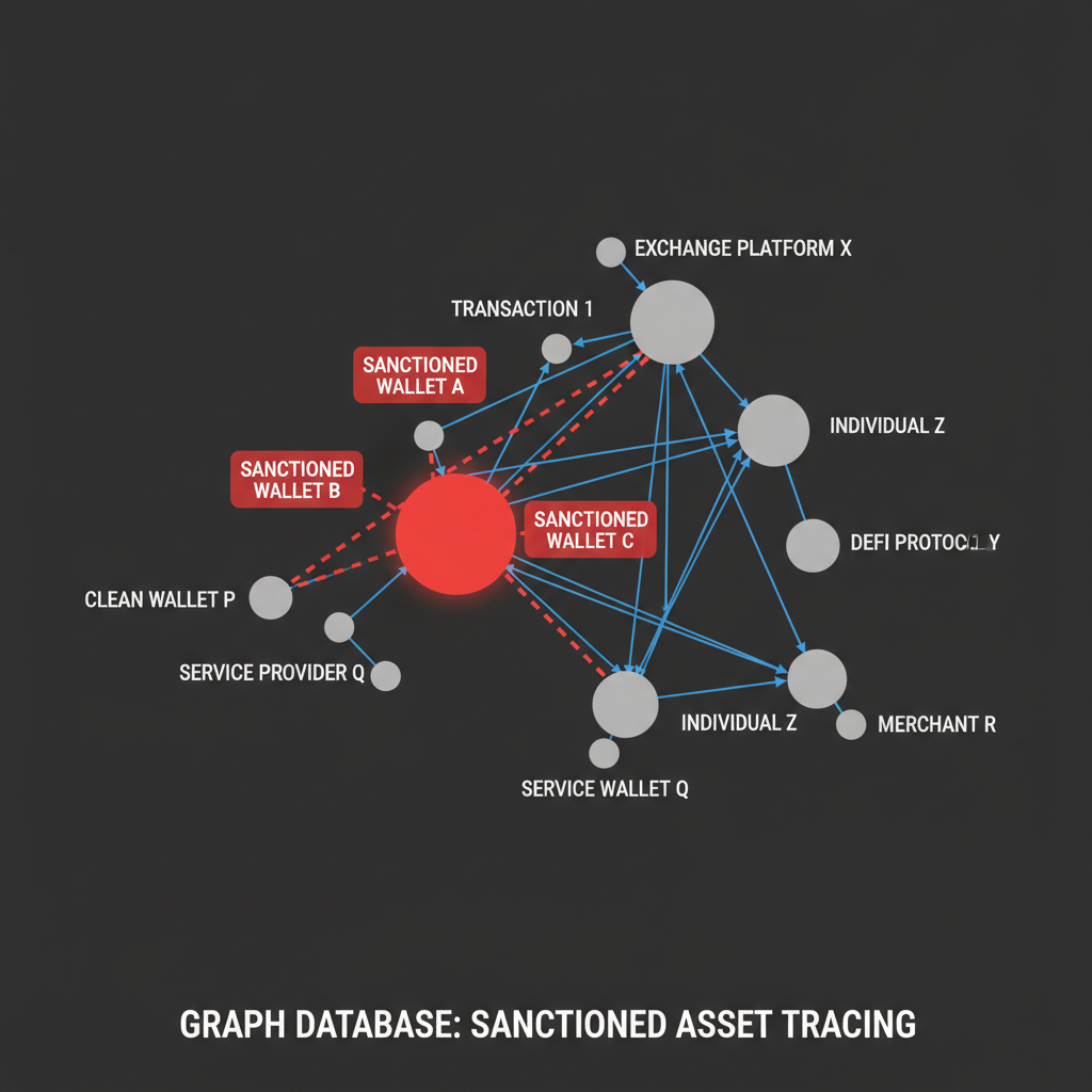 graph database with red highlighted sanctioned crypto wallet nodes, professional visualization, dark background
