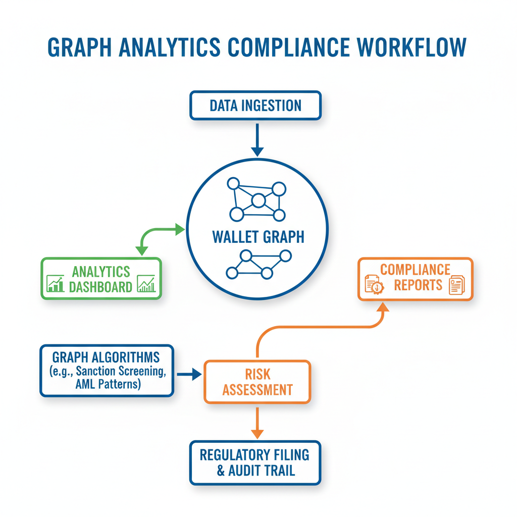 flowchart integrating graph analytics into compliance workflow, arrows from wallet graph to dashboard and reports, clean infographic