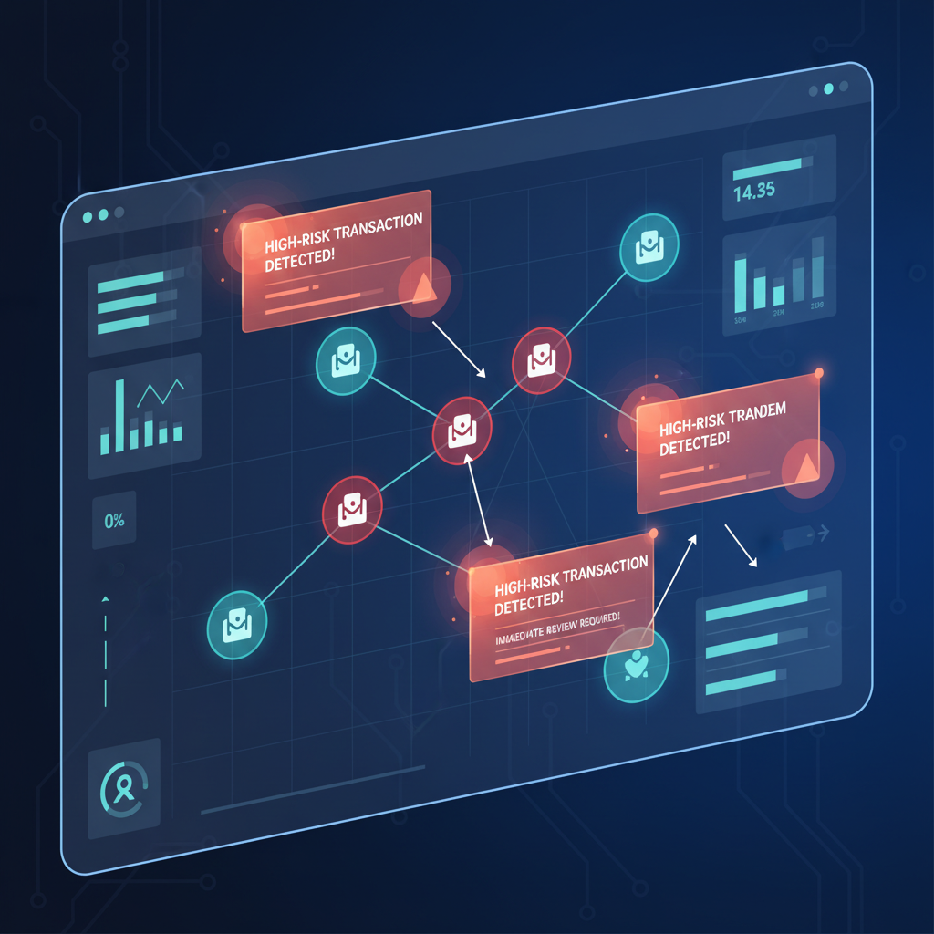 compliance dashboard with popping alert notifications on high-risk wallet graph, urgent red tones, holographic effects
