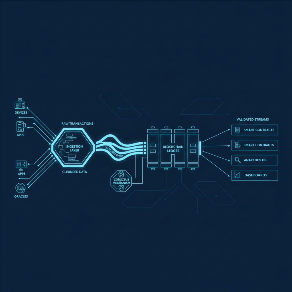 futuristic blockchain data ingestion pipeline with flowing transaction streams, blue neon glow, tech diagram style