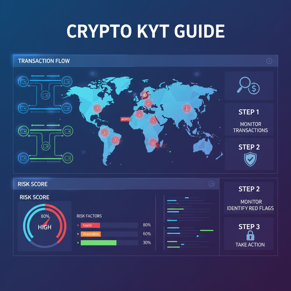 Real-time crypto KYT dashboard with pulsing risk heatmaps alerts, neon UI graphs