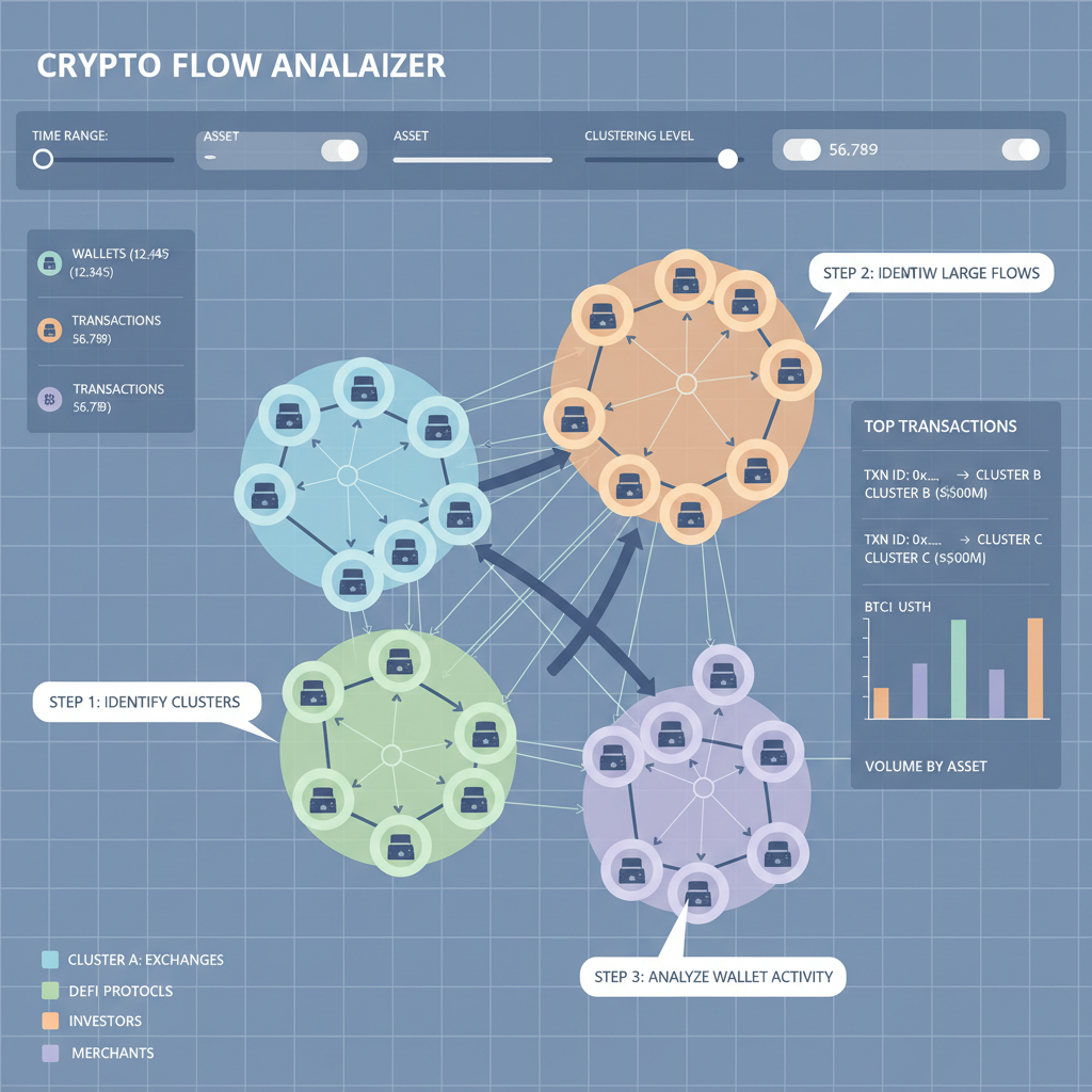 interactive graph visualization of crypto transaction flows, clustered wallets, professional dashboard style