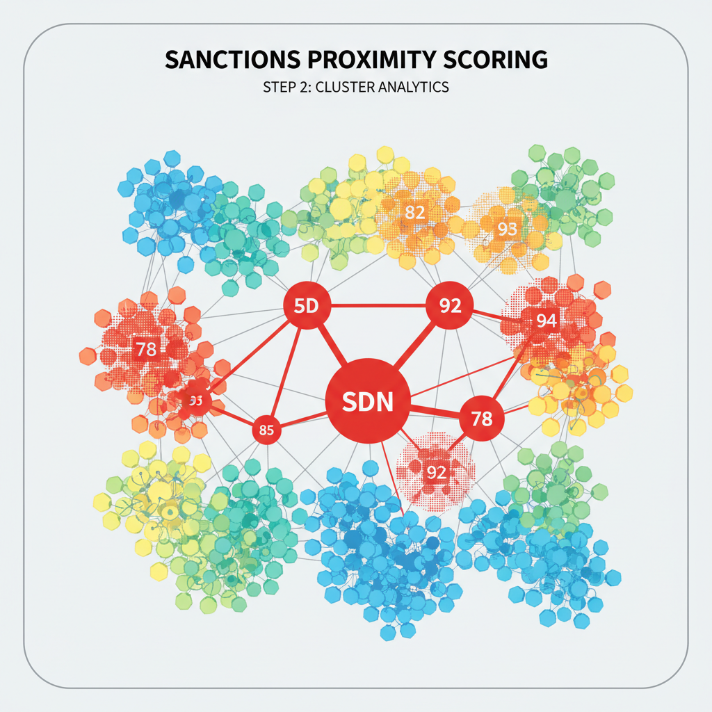 cluster scoring heatmap wallets near red SDN nodes graph analytics sanctions proximity